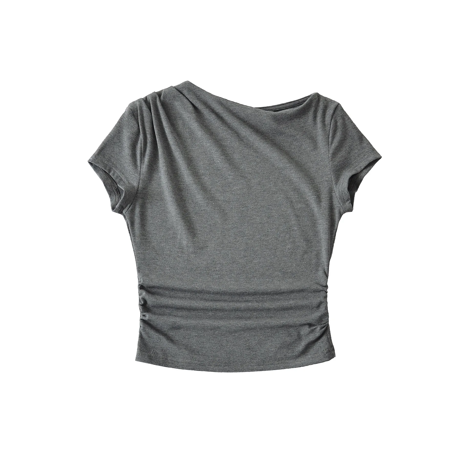 Off-shoulder sexy high-waisted ruched short-sleeve T-shirt 2025 summer new style irregular high-waisted cropped top set   J0RU