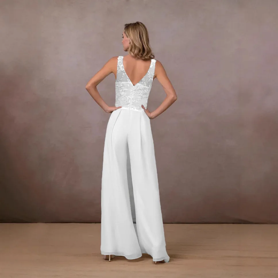 Kombinezon damski europejski i amerykański dekolt V bez rękawów białe szyfonowe spodnie szerokie nogawki nowy styl