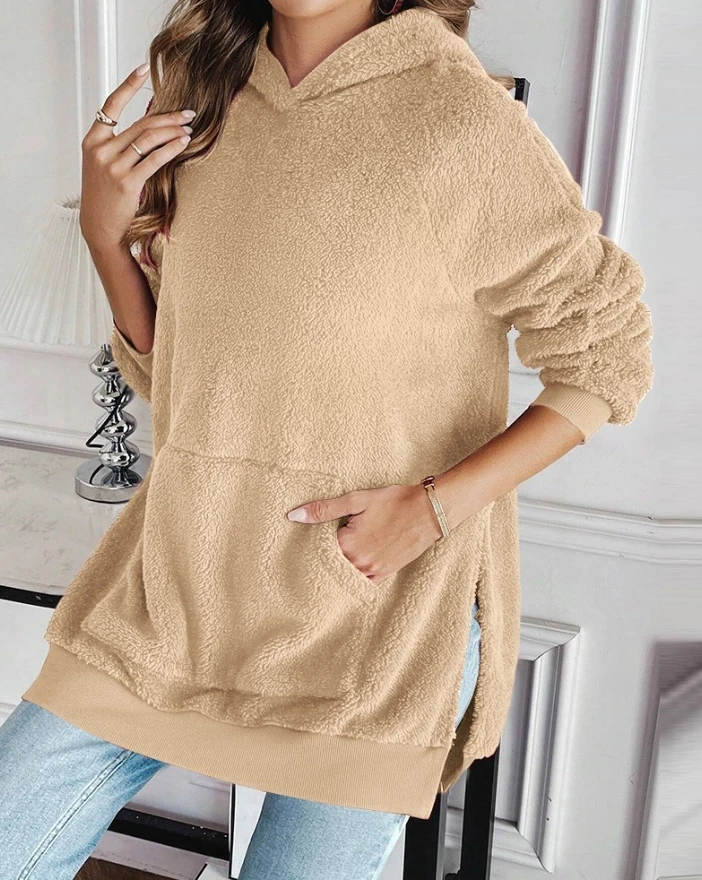 Elegant Fuzzy Kangaroo Pocket Design Side Slit Hooded Sweatshirt 2025 Autumn Winter Spring New Fashion Casual Pullover Tops