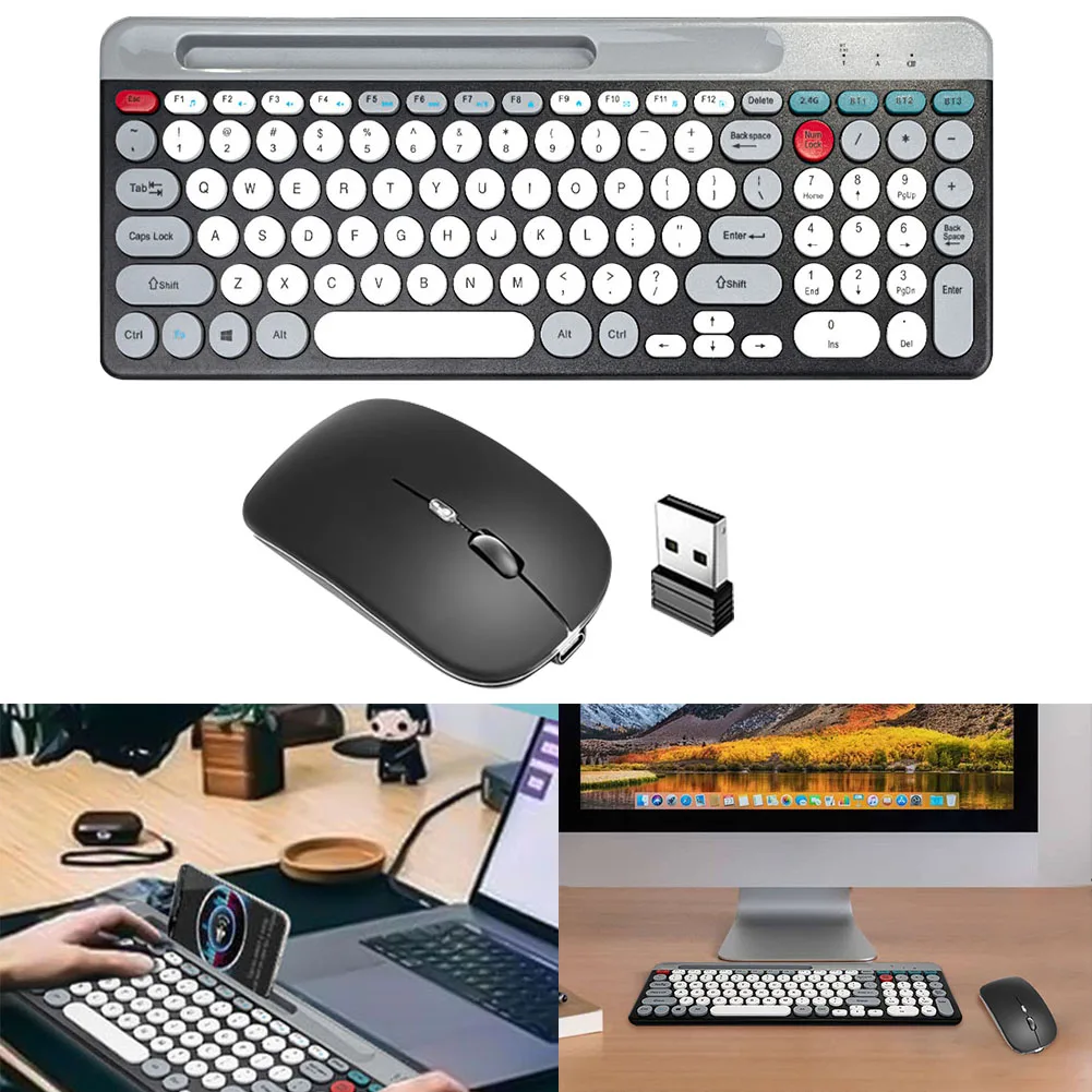 2.4Ghz Bluetooth-compaitble Dual Mode Wireless Multi-Device Keyboard Mouse with Phone Holder Compatible for /iOS/Android/Win7
