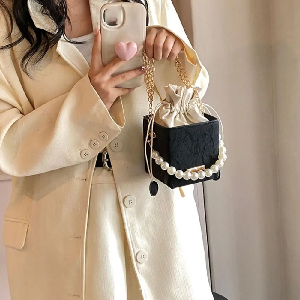 Vintage Fashion Chain Handbag Gifts PU Leather All-match Drawstring Handbag Small Square Bag Pearl Waist Bag Shoulder Crossbody