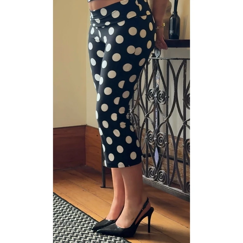 여성용 Y2K 빈티지 밴딩 로우라이즈 카프리 팬츠 슬림 바디콘 트라우저 도트 프린트 크롭 레깅스