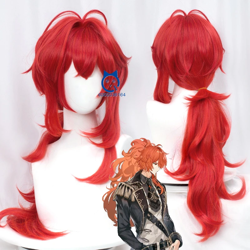 

Genshin Impact Game Diluc Cosplay Wig High Ponytail Red Wig Anime Expo Wigs Heat Resistant Synthetic Comic Con Wigs Halloween