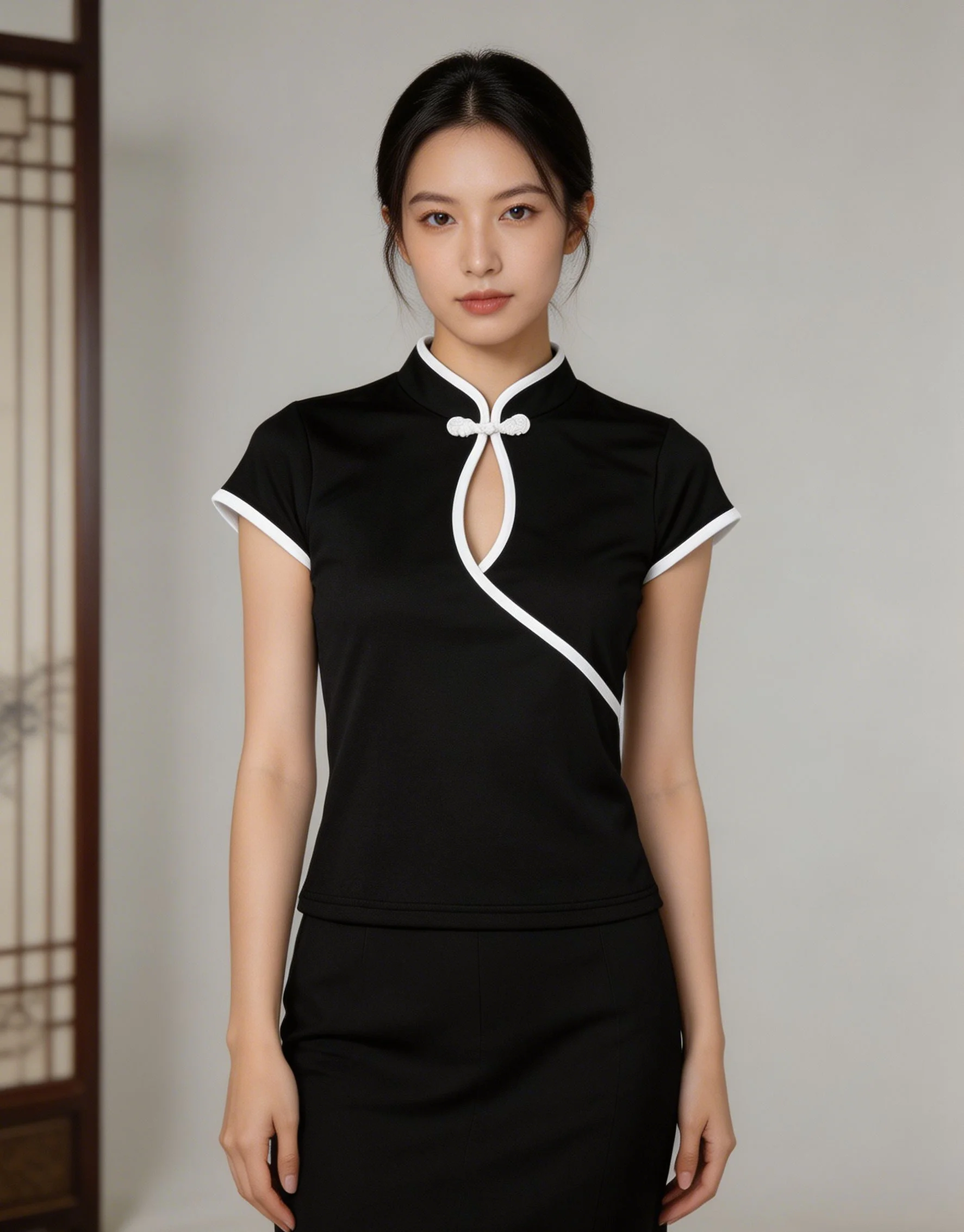 New Chinese European and American Y2K Elegant Solid Color Fashionable Slim Fit Buckle Neck Short Sleeve Top