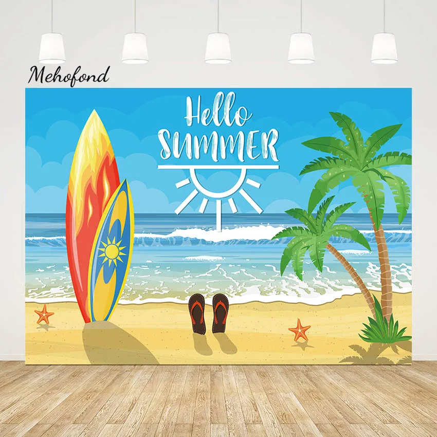 Mehofond Hello Summer Sun Backdrop Photography Background Hawaii Seaside Kid Birthday Holiday Party Beach Surfboard Decor Studio