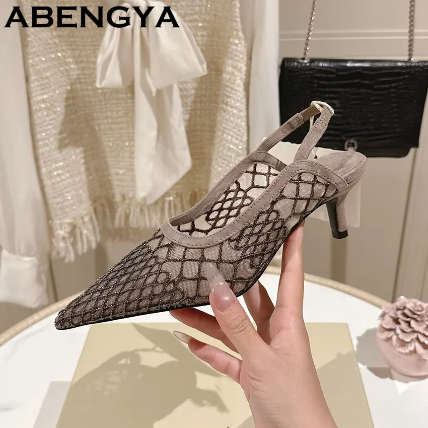 

New High Heels Shoes Women Lace Wedding Party Shoes For Women Slingbacks Modern Pumps Point Toe Stiletto Shoes Woman