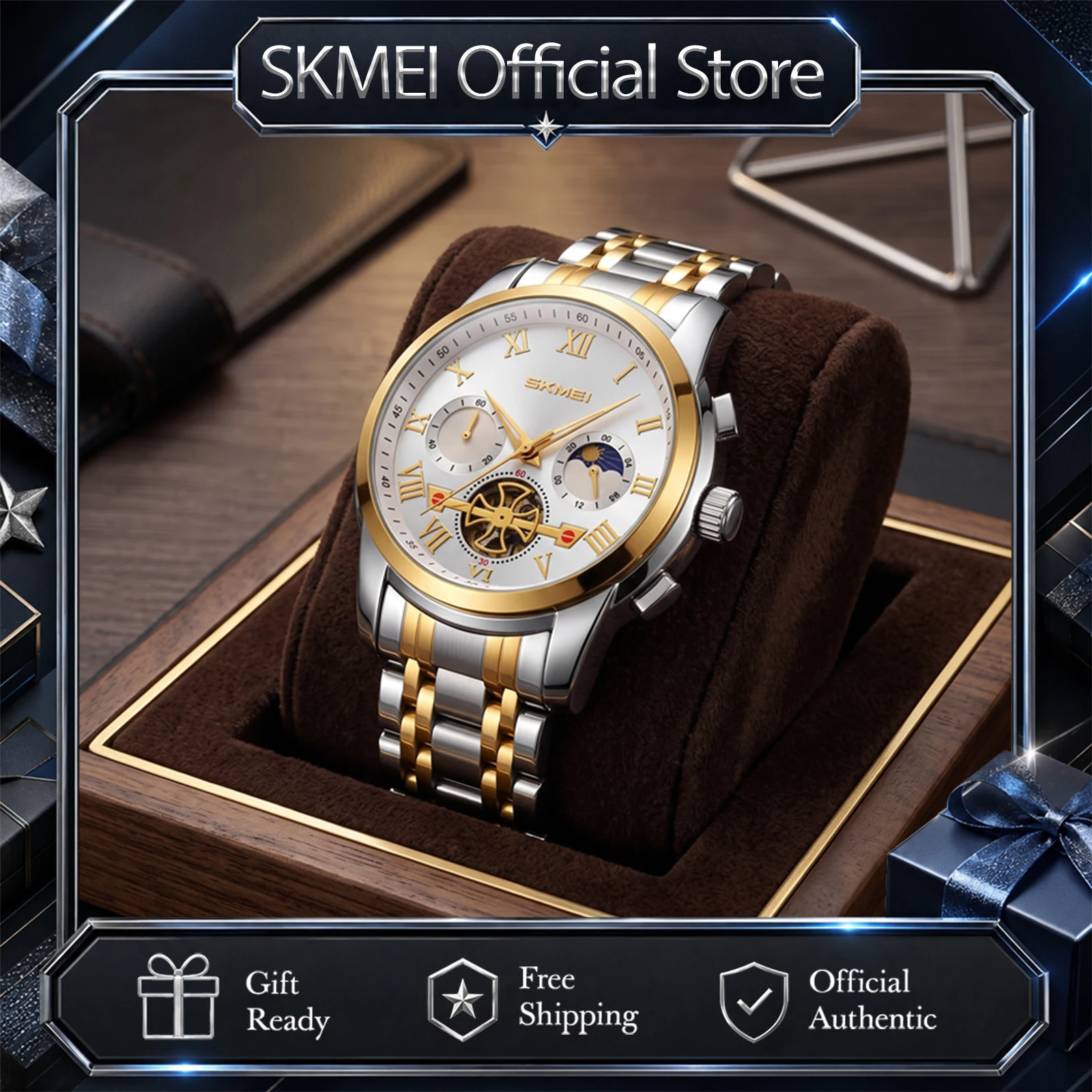 SKMEI 9394 Men’s Quartz Watches 30M Waterproof Men Fashion Wristwatch Business Sun Moon Sub-dial Watch Stopwatch Office Casual