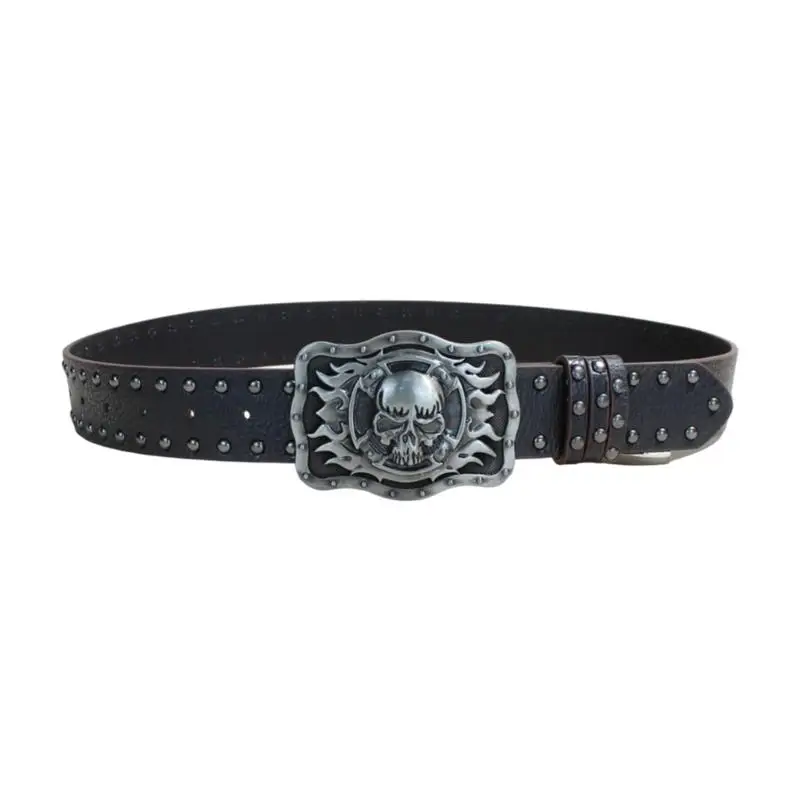 A52E Metal Buckles Men's Belt Cowboy Skull Pattern Practical PU Leather Adjustable