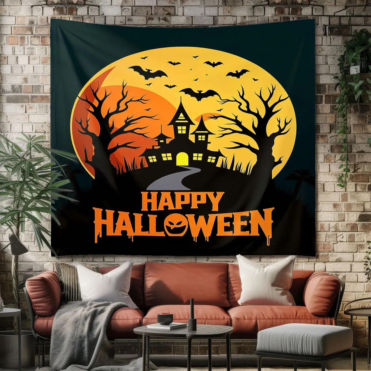 Happy Halloween Haunted House Bat Dead Tree Tapestry 1PC, Wall Hanging For Living Room Bedroom Decor, Halloween Party Pendant