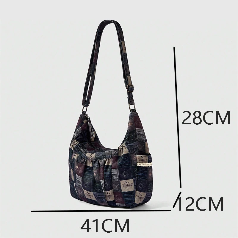 Sonnen-Mond-Stern-Print Patchwork Canvas Schultertasche, Vintage Handtasche mit Reißverschluss, Damen Pendler-Arbeitstasche Retro Leichte Tragetasche – Detail 1