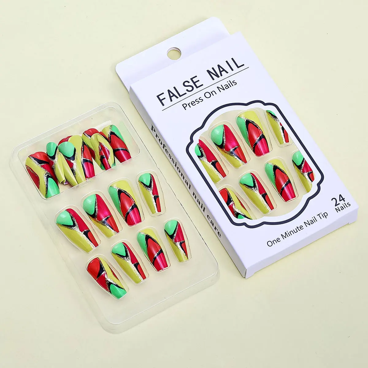 Long Press on Nails Coffin Shape Fake Nails Full Cover French Colorful Rainbow False Nails with Glossy for Women And Girls Nail