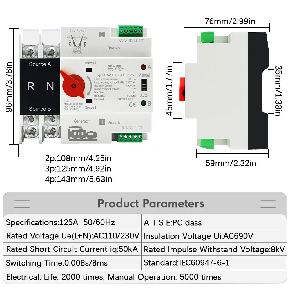 Din Rail 2P 3P 4P AC 110V 220V 125A ATS PV Dual Power Automatic Transfer Switch Electrical Selector Switches Uninterrupted Power