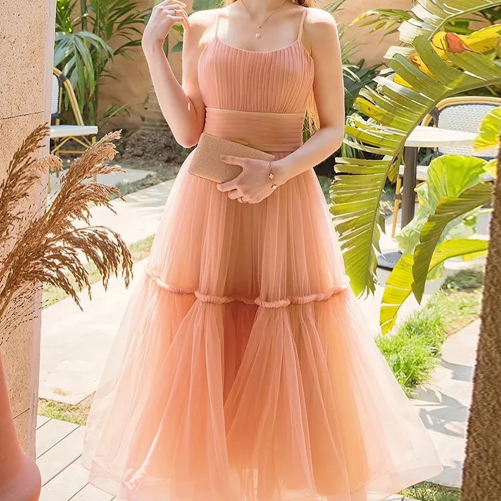 

Elegant Party Dresses Woman Straight Tulle Sleeveless Square Neck Spaghetti Straps Floor Length Pleats Special Occasion Gowns