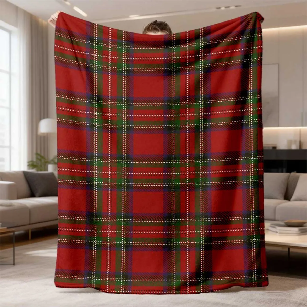 Bright Red Green Tartan Check Full Seamless Print Fluffy Throw Blanket, Warm Soft Couch Bed Classic Vintage Home Decor Present