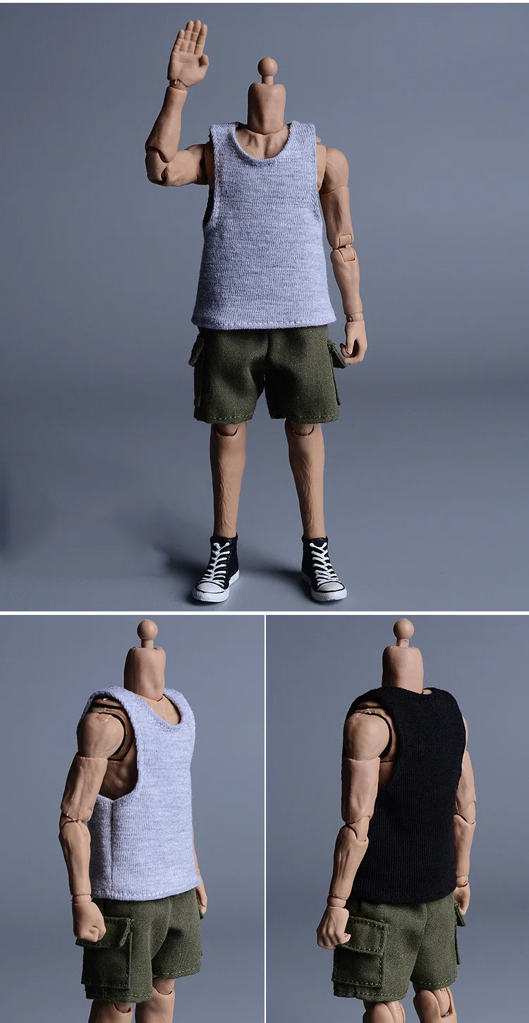 1/12 Scale Trendy Male Solider Loose Vest T Shirt Hoodie Multi-pocket Cargo Shorts Clothes Set Model for 6 inches Action Figure