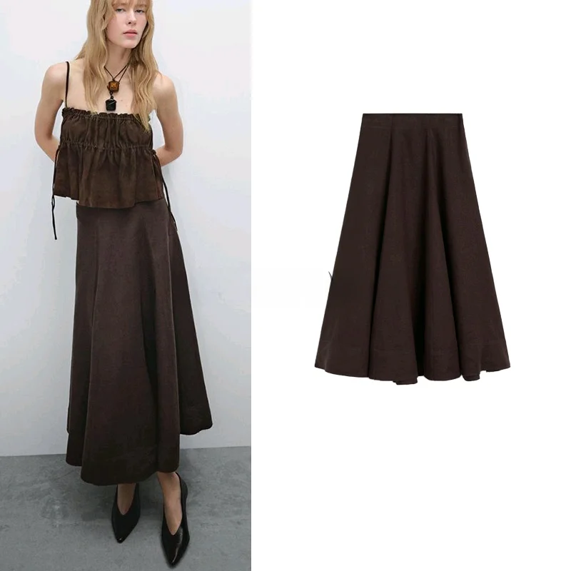 

Spring Summer New Sle Women's Vintage Brown Texture Mixed Umbrella Skirt Midi Skirt A-Line Loose Fit High Waist Color