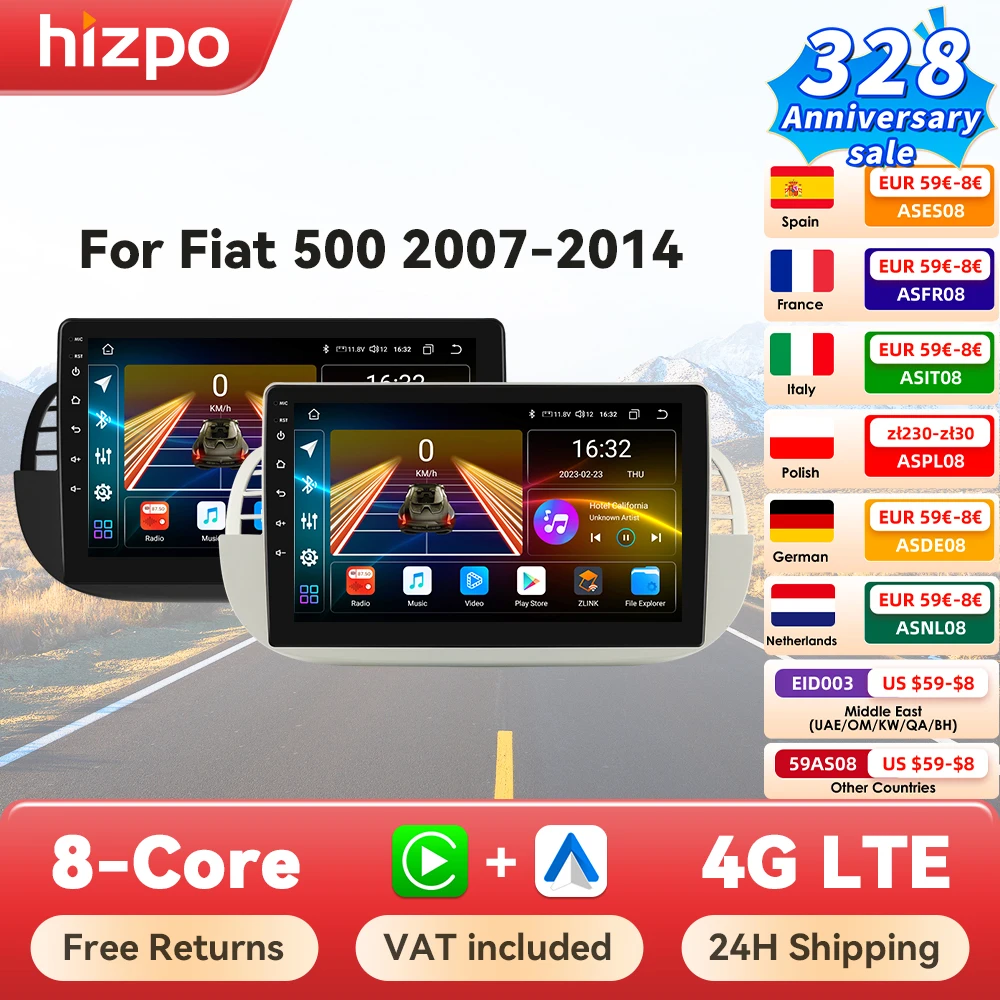 Hizpo Autoradio stereo da 9 pollici per FIAT 500 2007 - 2014 GPS 2din Autoradio Wireless CarPlay