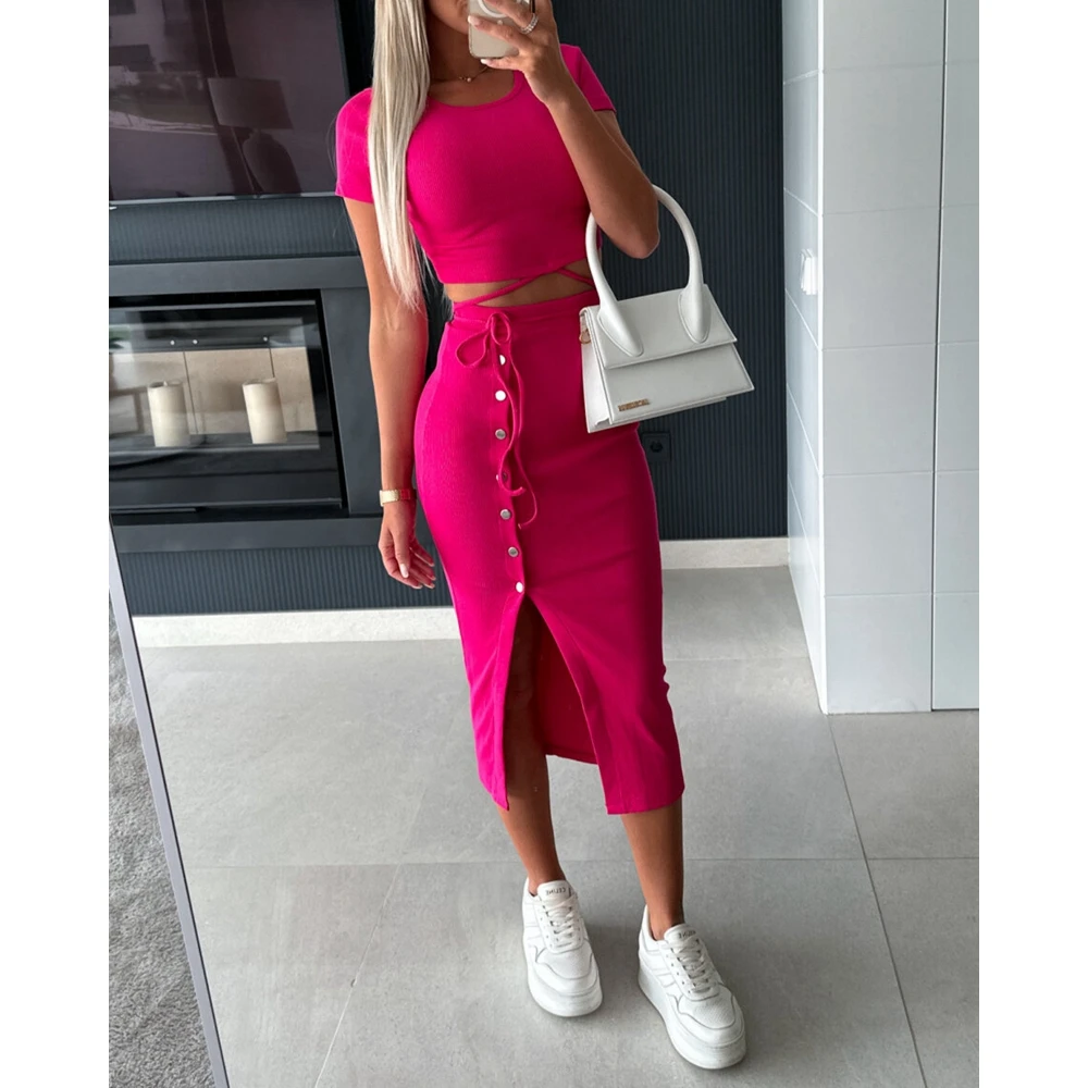 Women Summer Short Sleeve Tied Detail Top & Buttoned Decor Drawstring Side Slit Midi Skirt Set Summer Two Pieces Dress Outfits