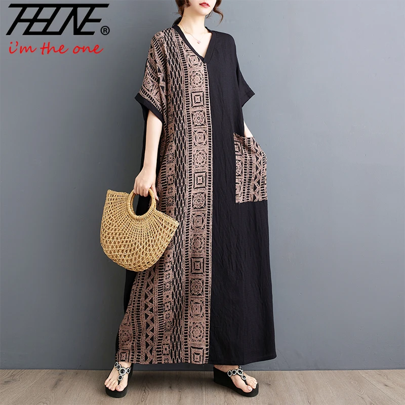THHONE New Dress Women Summer V-Neck Vintage Loose Patchwork Pockets Beach Style Casual Plaid Bohemian Robe Long Maxi Dresses
