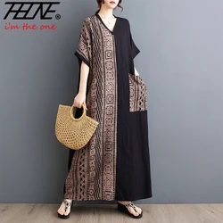 THHONE New Dress Women Summer V-Neck Vintage Loose Patchwork Pockets Beach Style Casual Plaid Bohemian Robe Long Maxi Dresses