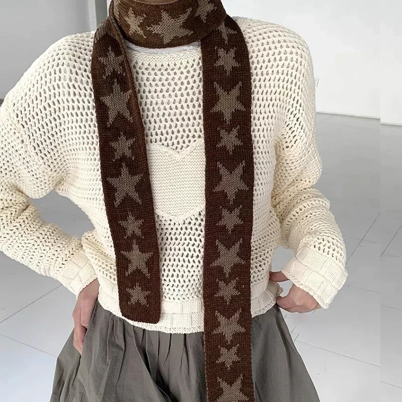 Star Cashmere Scarf Vintage Knitted Narrow Longer Scarf Wome Two Colors Muffler Neck Warmer Y2k Girl Accessories Four Seasons