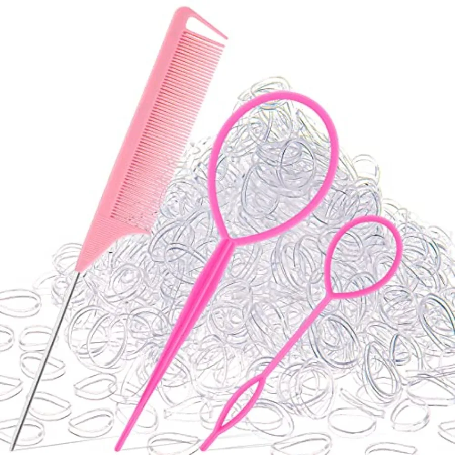 1000Pcs Hair Rubber Bands, Soft Small Hair Elastics for Girls and Women, 2pcs Topsy Tail Tools, 1 Rat Tail Comb, Pink