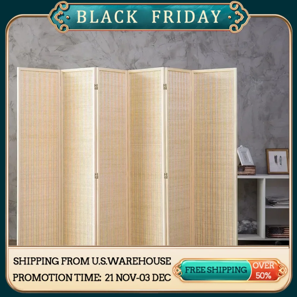 Beige Folding Partition Wall Dividers Divider for Room Separation Woven Bamboo 6 Panel Room Divider Screen Partition Partitions