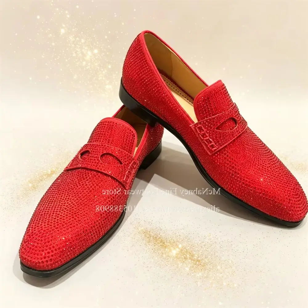 Rhinestone Covered Cutout Penny Loafers Men Slip on Sparkly Crystal Formal Shoes Wedding Prom Party Club Luxury Men Dress Shoes