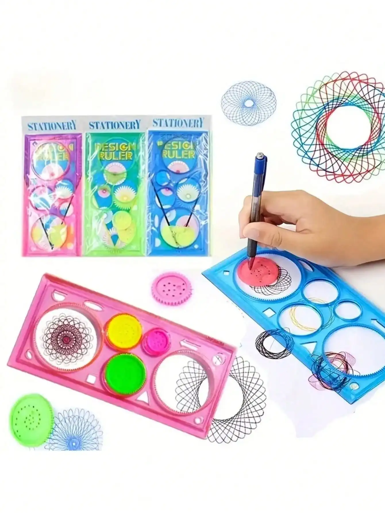 

1 set of random painted multi-functional puzzle spiral diagram geometric ruler drawing tools