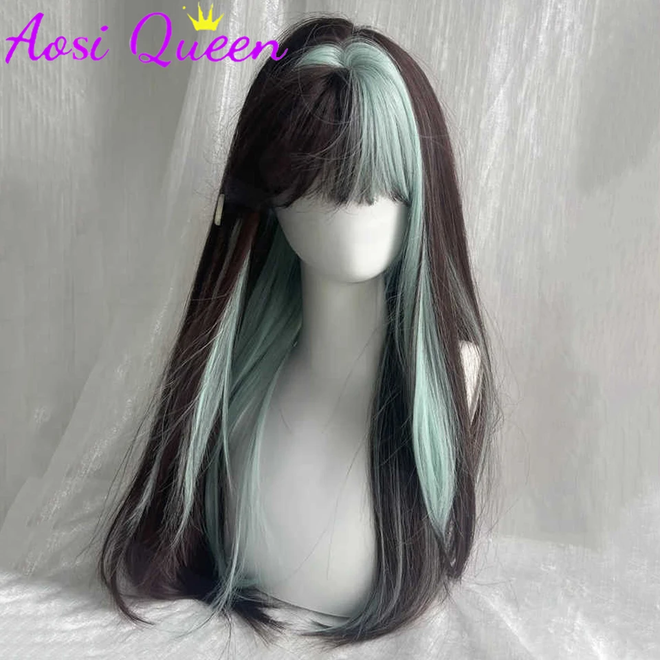 Brown Black Highlighted Mint Green Long Straight Wig For Women Natural Hair Synthetic Lolita Wig Daily Role Play Heat Resistant