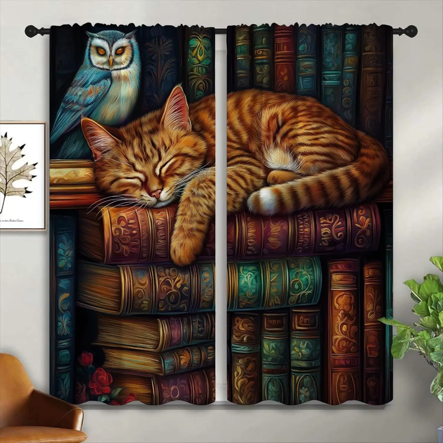 Vintage Old Book Sleeping Tabby Cat Owl Blackout Rod Pocket Curtain Retro Library Decor Study Homestay Bedroom Rest Bay Window