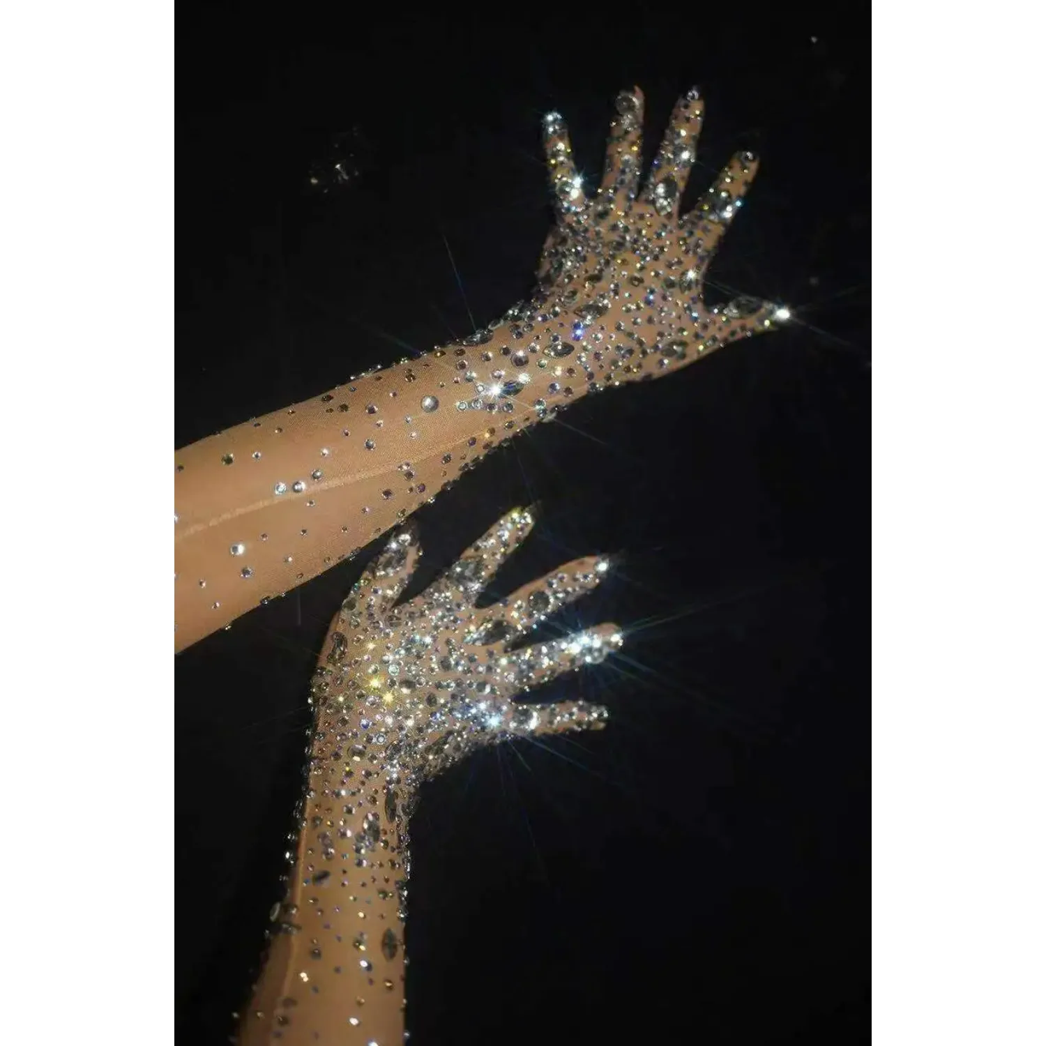 Women Sparkly Luxurious Stretch Rhinestones Long Gloves Crystal Mesh Gloves Dancer Singer Party Nightclub Stage Show Accessories