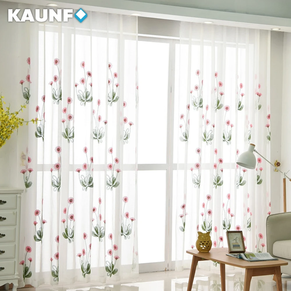 KAUNFO Flower Embroidered Curtain Tulle Voile Transparent Window Screening for Living Room Kitchen Window Decor 1PC