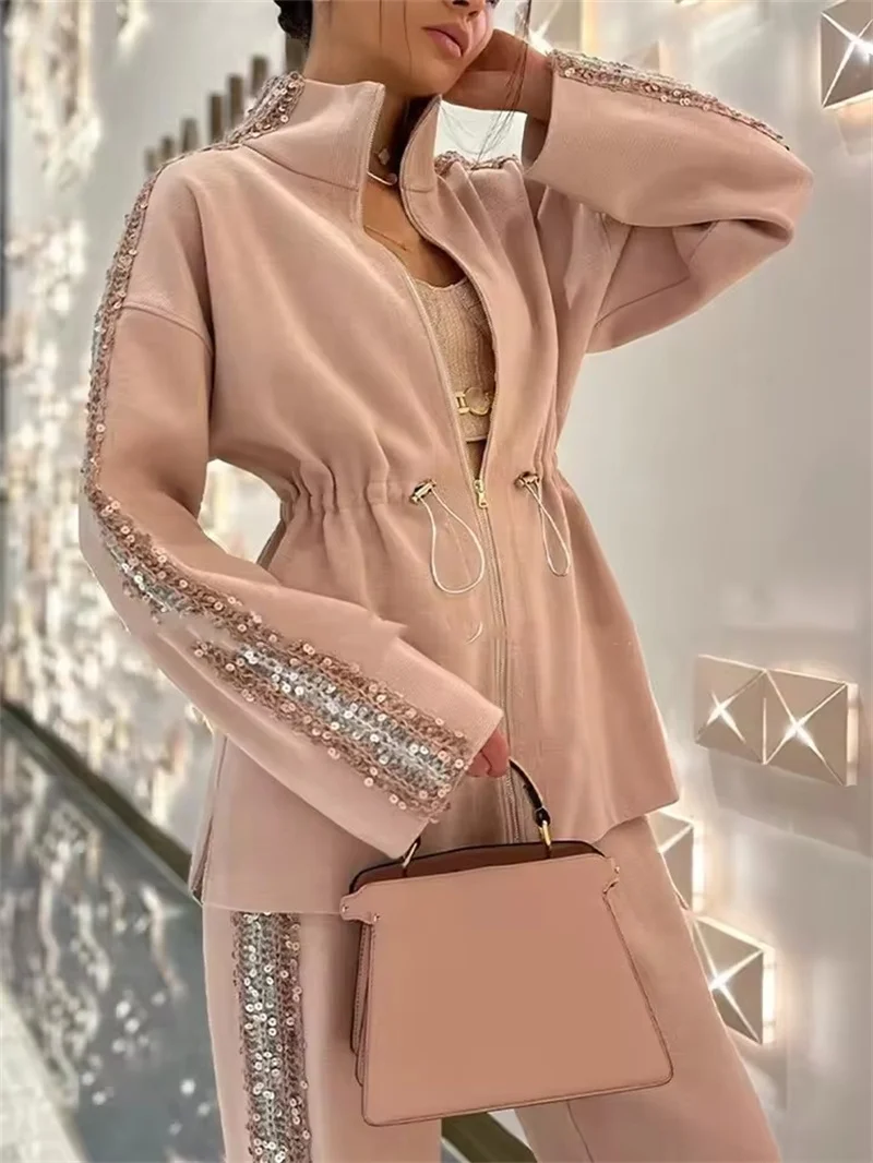 

Autumn Women's Long Sleeve Casual Zipper Coat Outfit 2025 New Fashion Patchwork Sequins Contrasting Top + Wide Leg Pants Set