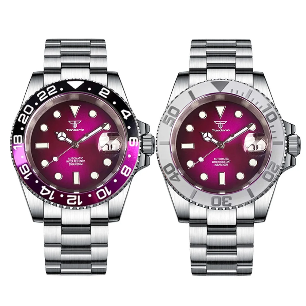 200M Diving Tandorio 40mm NH35A Mechanical Watch Men Lume Purple Sunburst Dial Alloy Insert Sapphire Stainless Steel Bracelet