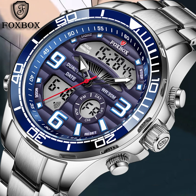 FOXBOX New Luxury Men's Digital Wristwatch Fashion Business Watch Men Military Sports Waterproof LED Quartz Chronograph Male