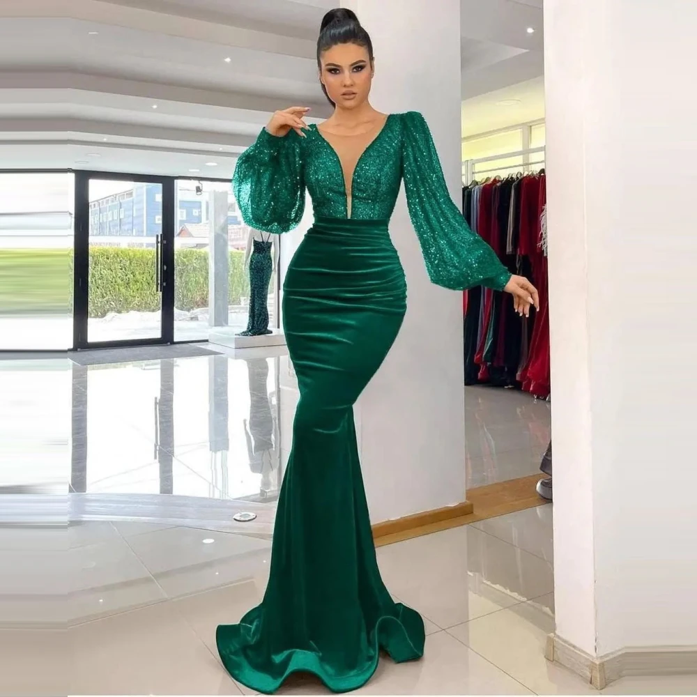 Deep V-Neck Puffy Sleeve Tulle Floor Length Vintage Glitter Mermaid Evening Formal Occasion Ruched Dresses Party Women Gown 2023