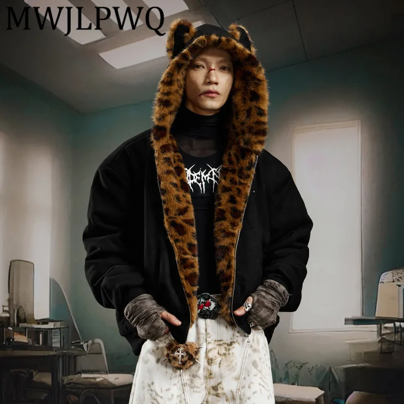 

MWJLPWQ Men's Unique Leopard Printed Patchwork Furry Hooded Padded Male High Street Long Sleeve Loose Autumn Casual Jacket 12235