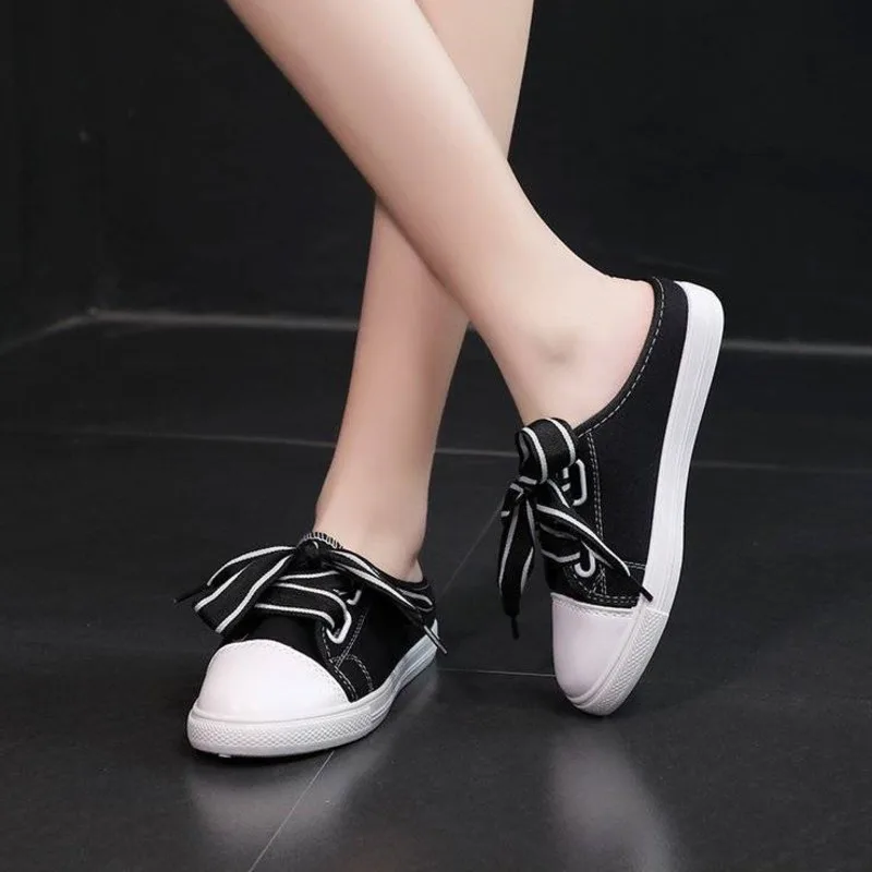 2023 New In Spring Women Canvas Shoes Flat Casual All-match Half Slippers Korean Version Trend Lace Up Ladies Lazy Loafers Femme