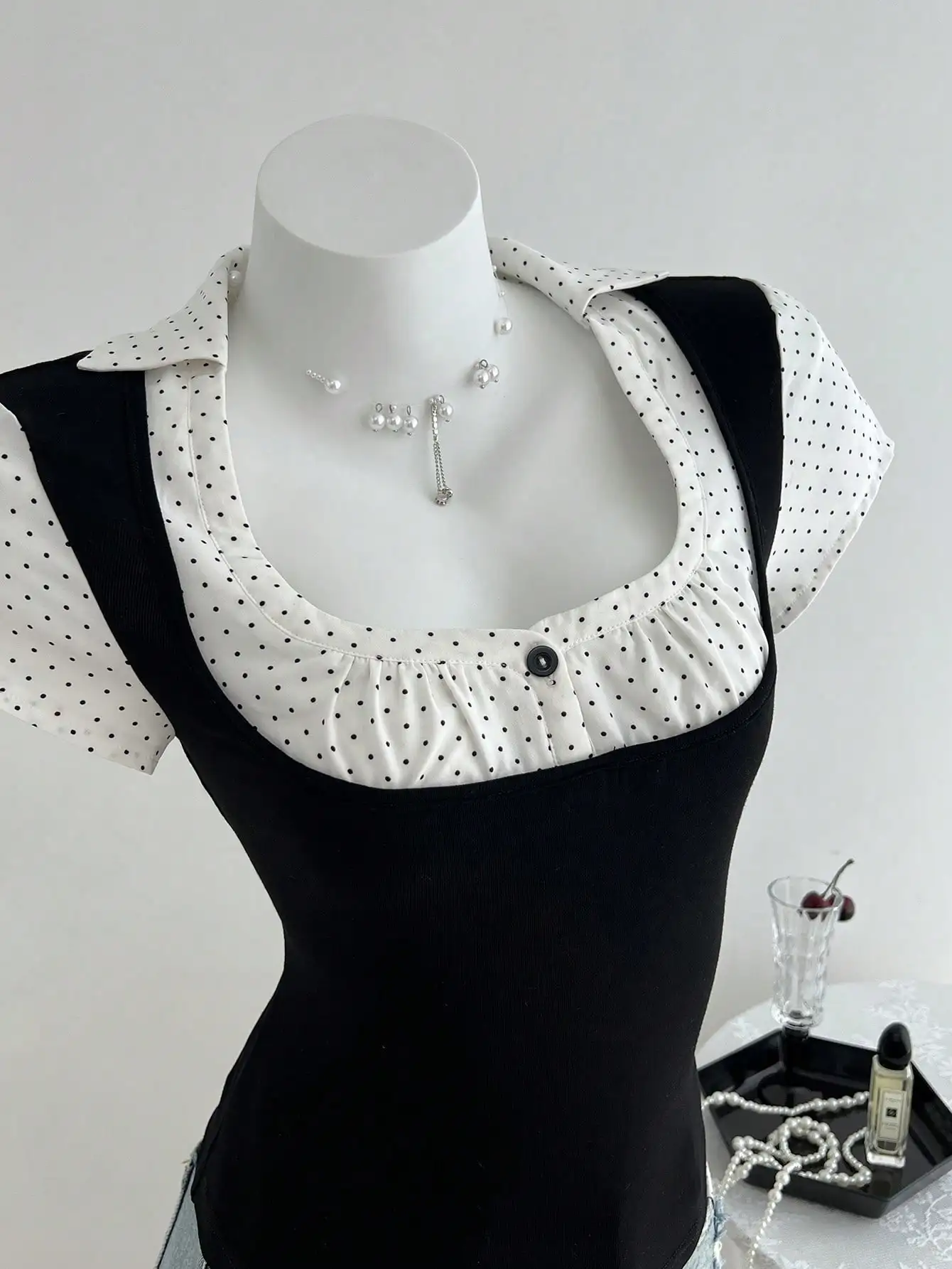 

Women's Polka Dot Collar Splice Knitted T-Shirt, Spring Summer Casual Top