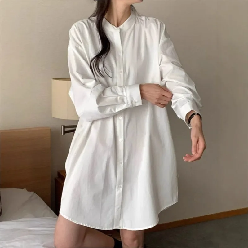 

Johnature Retro Simple Stand-collar Long Shirt For Women Spring Summer Loose White Casual Irregular Korean Women Shirts