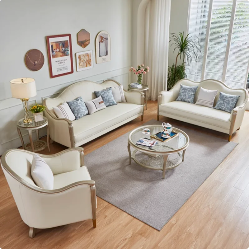 

American furniture art sofa combination French retro solid wood carving flower living room three people sofa