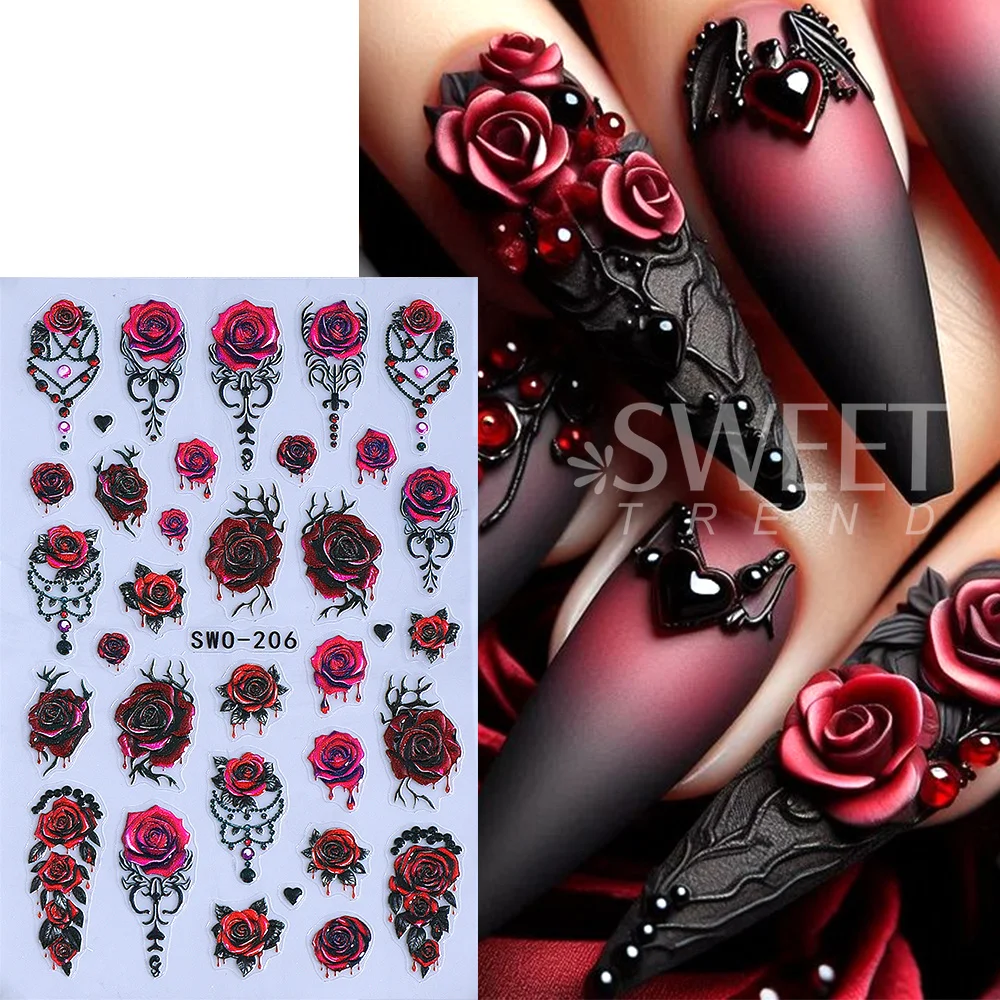 SWEET TREND-1/2pcs 5D Embossed Geometry Floral Nail Stickers Black White Retro Elegant Flowers Nail Decals Manicure Decorations