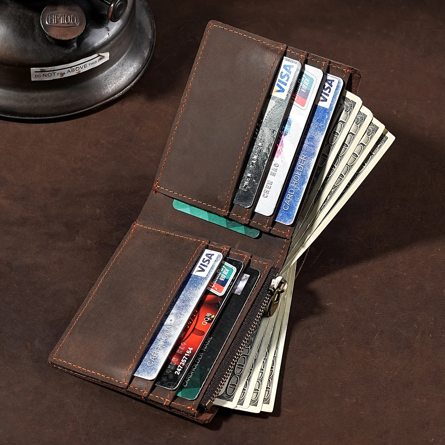 Vintage Full-Grain Crazy Horse Leather Wallet for Men, Multi-Card RFID Trifold with Zipper Coin Pocket, Distressed Brown Billfol