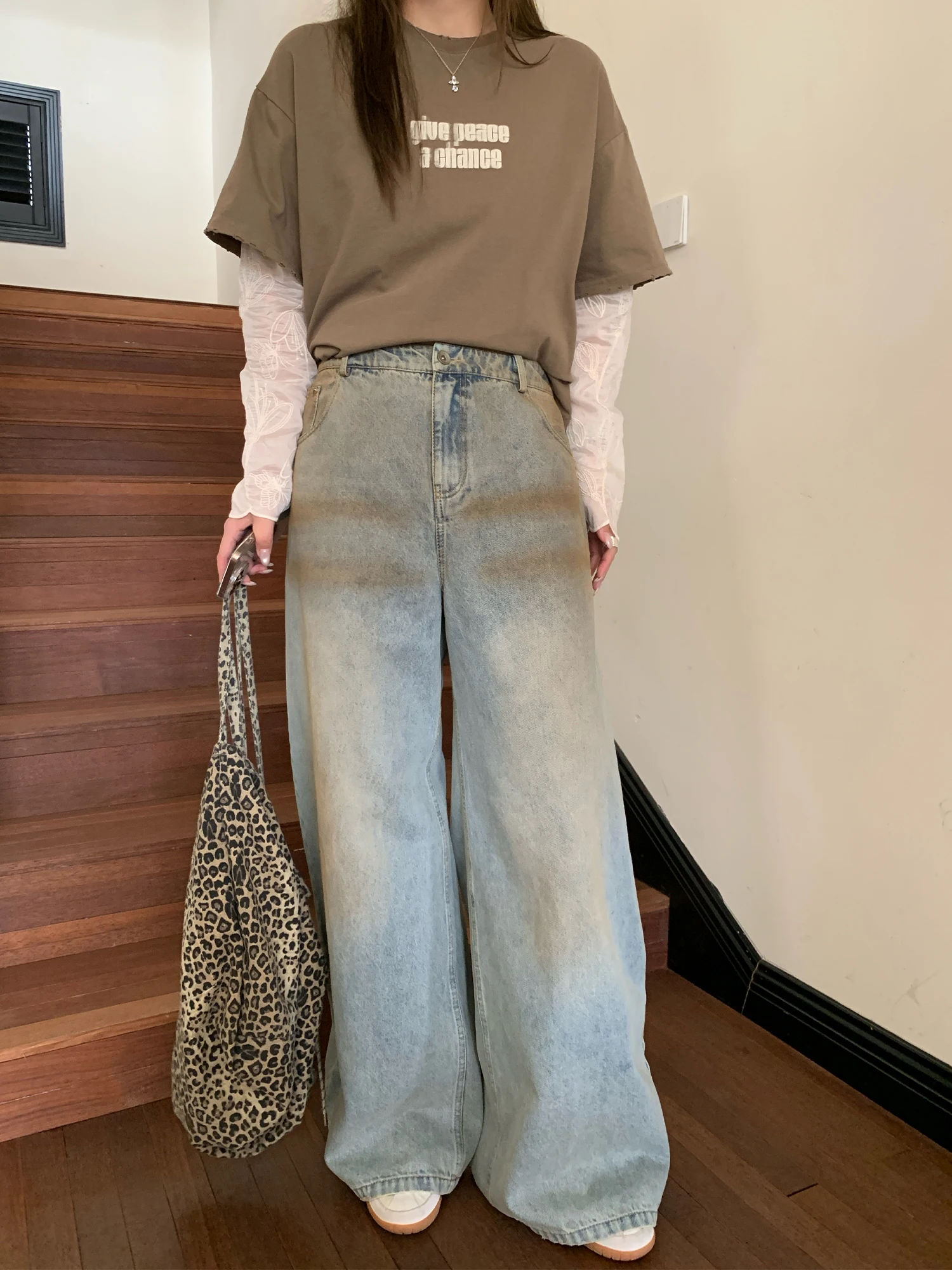 

NAZ plus Size Distressed Washed Straight Leg Jeans Slimming Fashion Spring High Waist Wide Leg Pants for Women