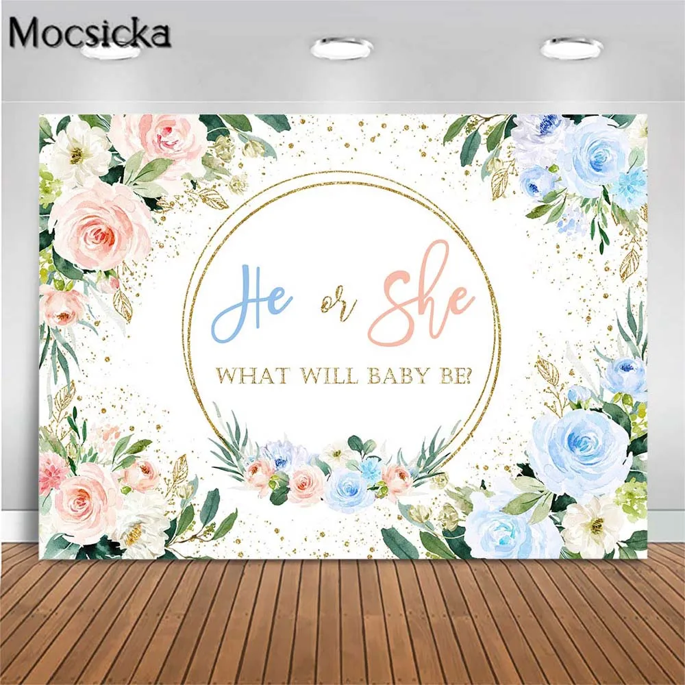 

Mocsicka Gender Reveal Backdrop He or She Baby Shower Party Decor Golden Circle Flower Photo Background Studio Photography Props