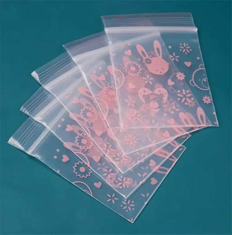 100PCS Pink Rabbit Plastic PE Ziplock Storage Bag DIY Lovely Beauty Jewelry Trinkets Chains Earrings Toys Gift Packaging Pouches