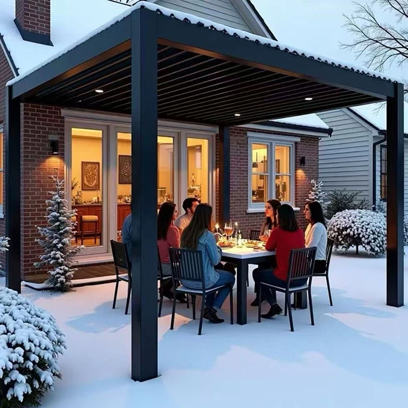 Motorized Retractable Pergola，Aluminum Folding Gazebo with Integrated Drainage System, LED Lighting Included