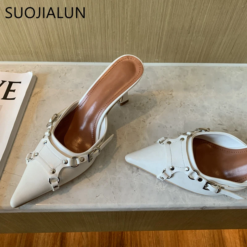 SUOJIALUN 2023 Spring New Brand Women Slipper Fashion Thin High Heel Pointed Toe Women Sandal Shoes Outdoor Dress Mules Shoes