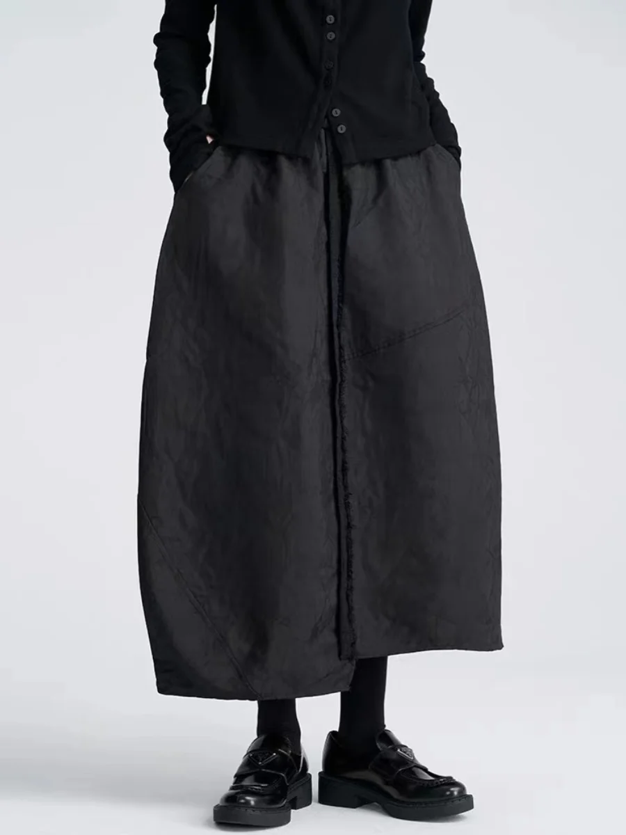 Thickened Black Pleated Skirt Texture Dark Pattern Half-length A-line Midi Skirt for Women Spring Autumn Season Fashionable